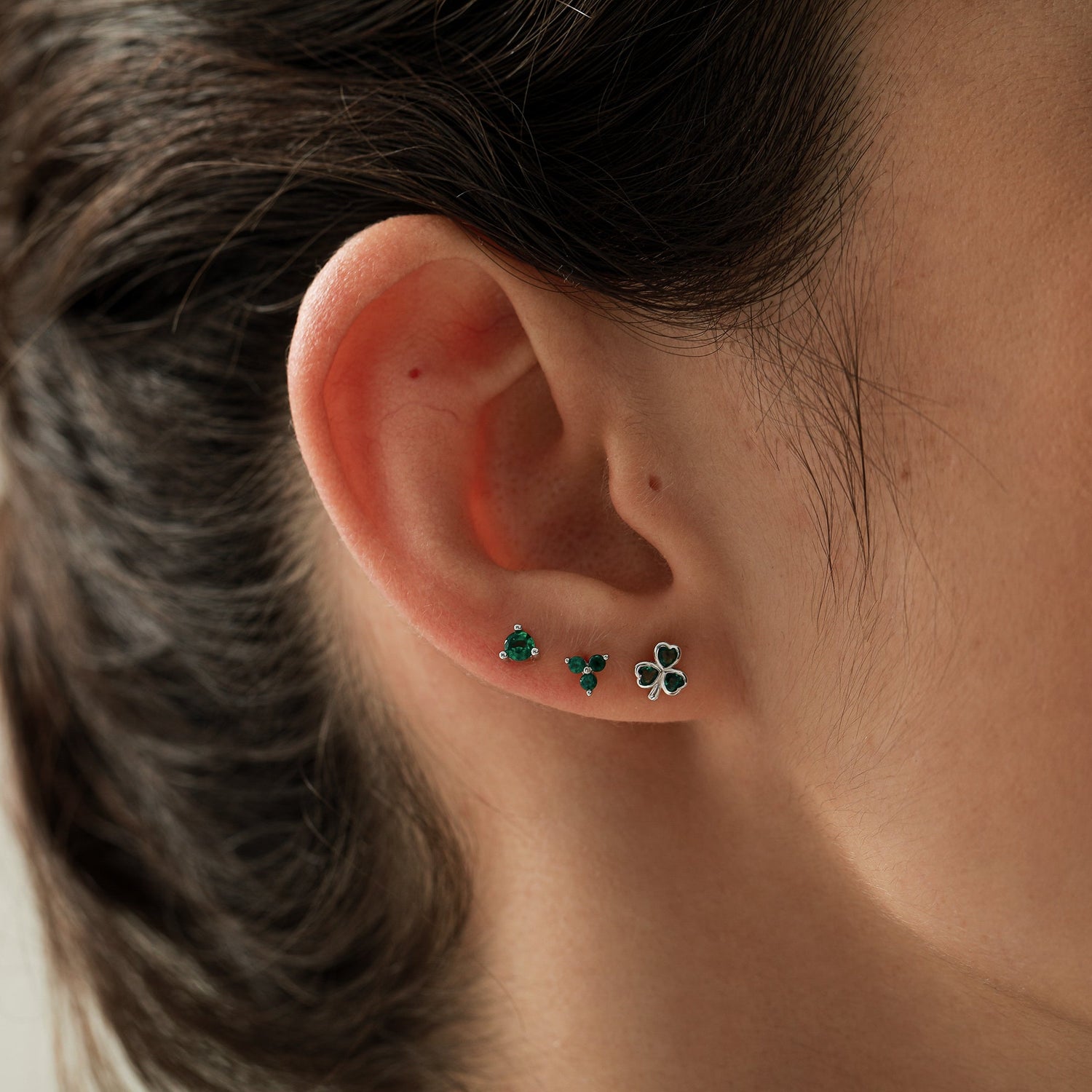 Green CZ Shamrock Tiny Stud Earrings in Sterling Silver,  Clover Earrings, Irish Earrings, Silver or Gold Flower Earrings