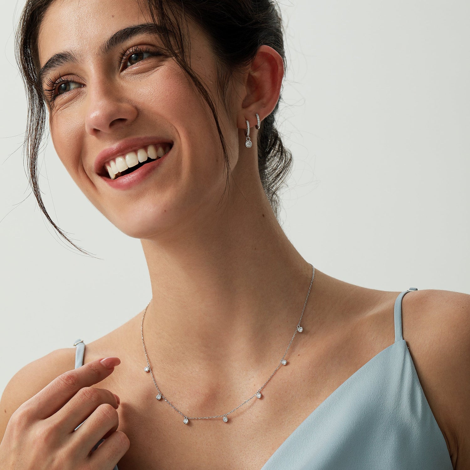CZ Dangle Necklace in Sterling Silver, Silver or Gold or Rose Gold, Satellite Crystal Necklace, Solid Silver Motif Necklace