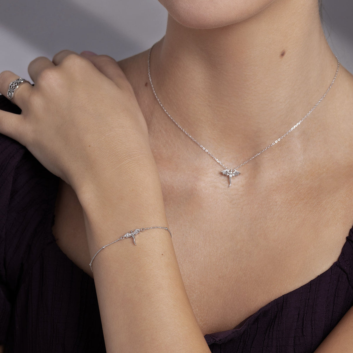 Sterling Silver Flying Dragon Necklace and Bracelet Set