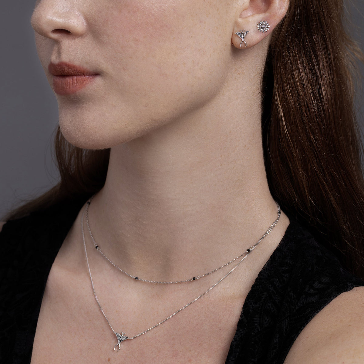 Sterling Silver Oxidised Luna Moth Earrings and Necklace Set