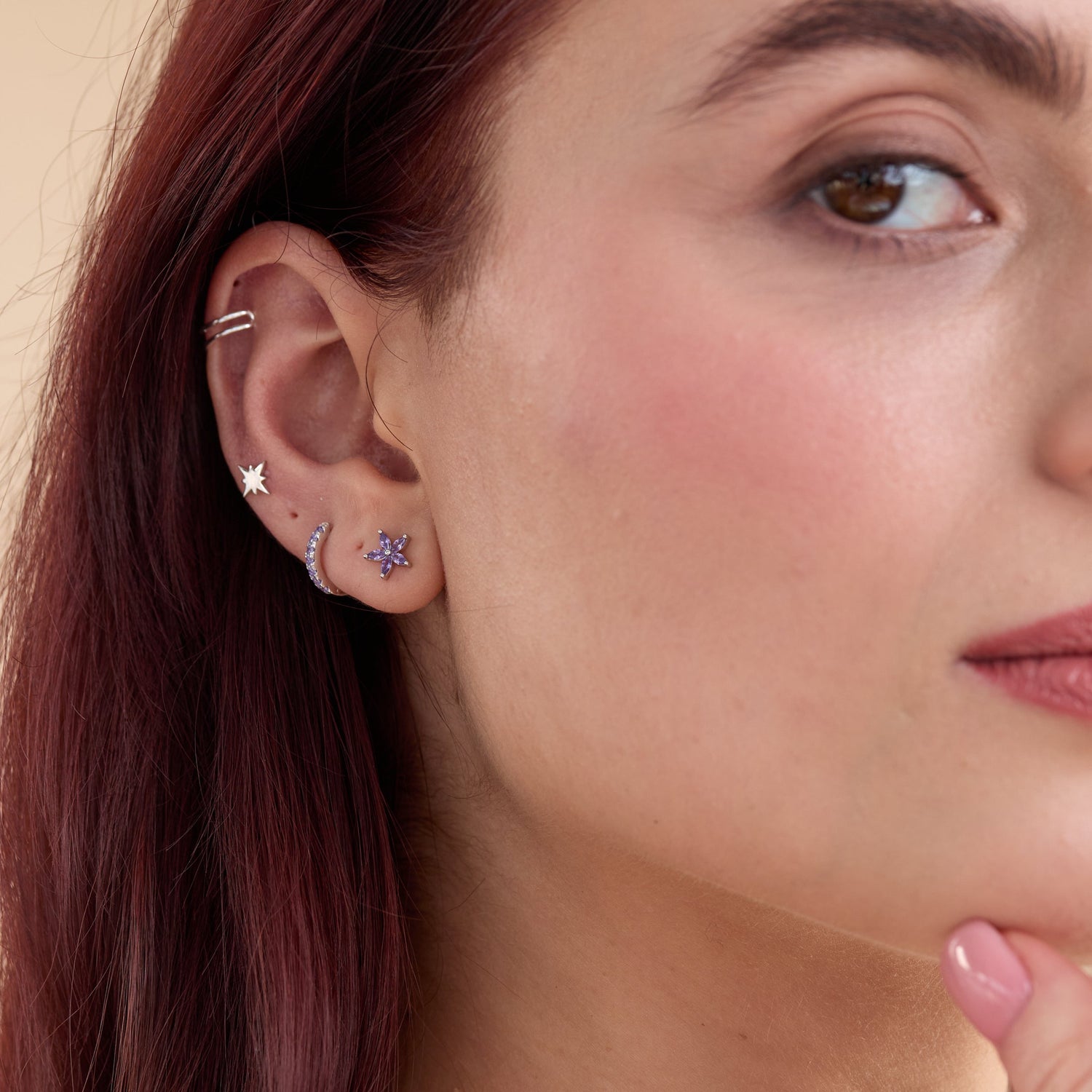 Amethyst Purple CZ Huggie Hoops in Sterling Silver, Silver or Gold, Minimalist Hoop Earrings, 8mm Hoops, Purple Hoops, February Birthstone