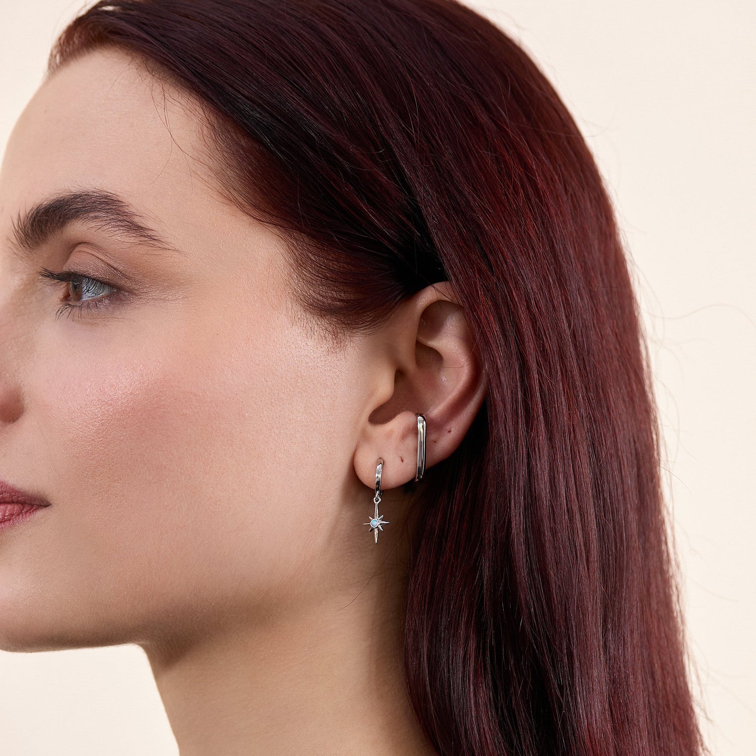 Opal Starburst Huggie Hoop Earrings in Sterling Silver, Blue Opal North Star Drop Earrings, Delicate Blue Opal Star Earrings