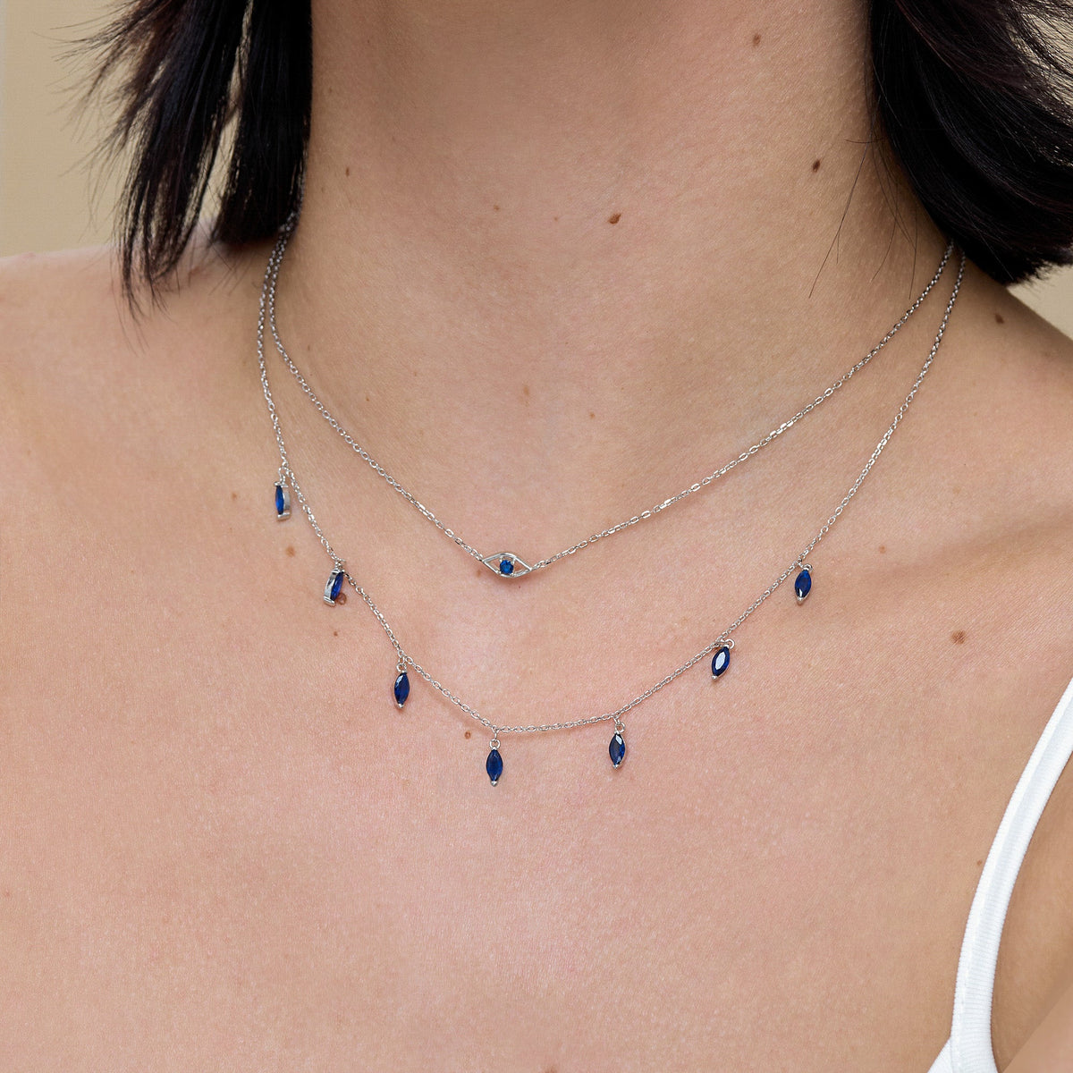 Sapphire Blue CZ Evil Eye Charm Necklace