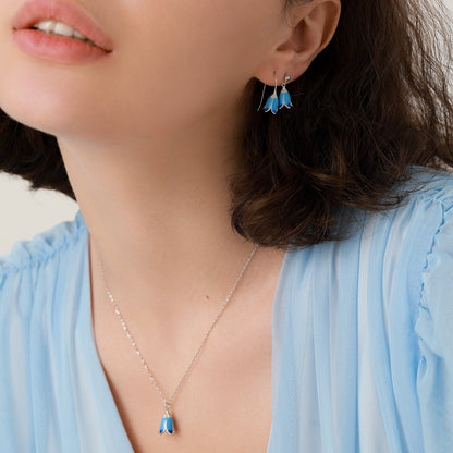 Sterling Silver Enamel Bluebell Flower Earrings and Necklace Set, Snowdrop jewelry, Gift set