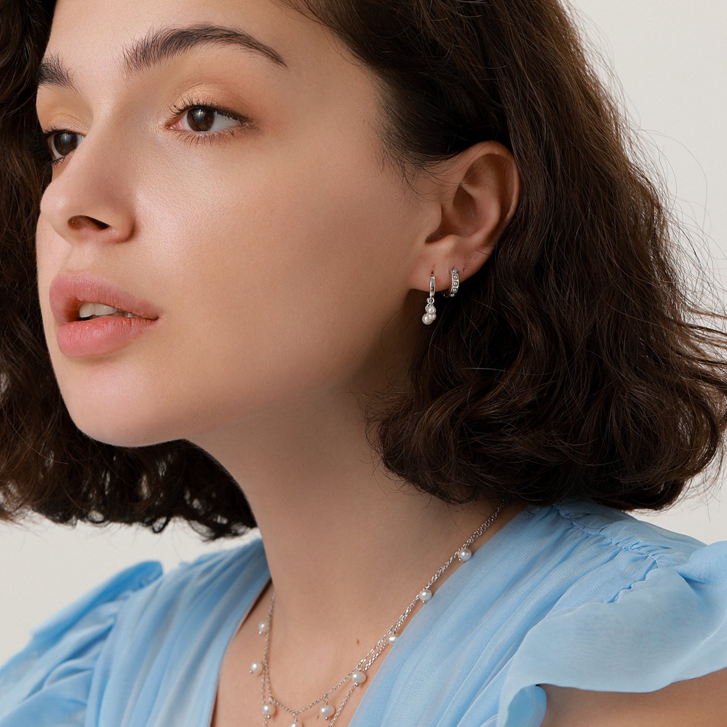 Mother of Pearl Huggie Hoop Earrings in Sterling Silver,  Pearl Cluster Dangle Earrings, Gold and Silver