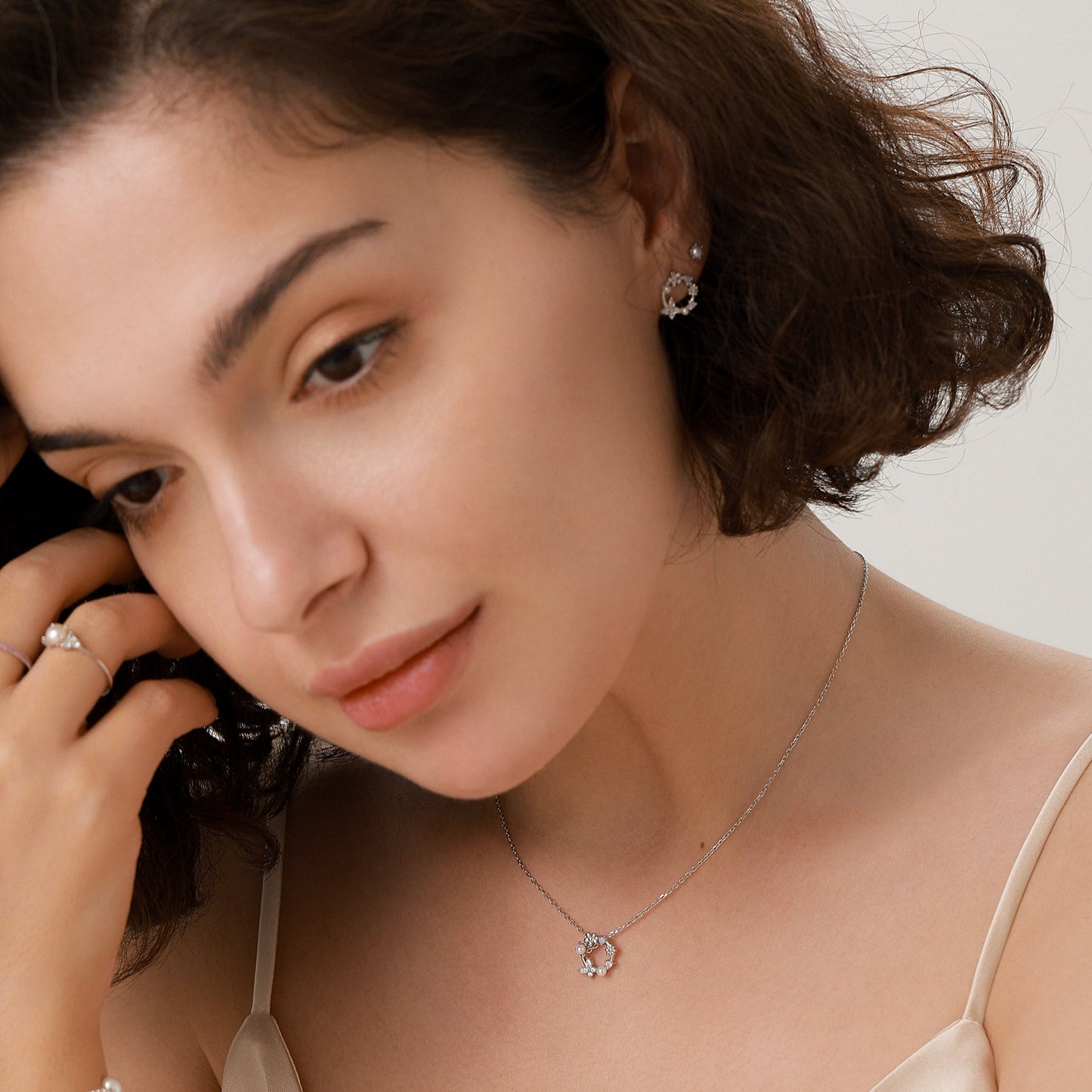 Tiny Flower Wreath Stud Earrings and Necklace Set in Sterling Silver, Silver or Gold or Rose Gold, Gift Set