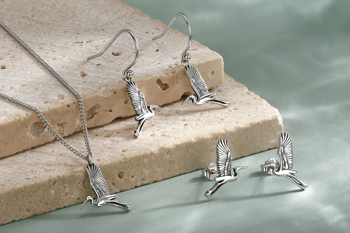 Sterling Silver Japanese Crane Earrings and Necklace Set