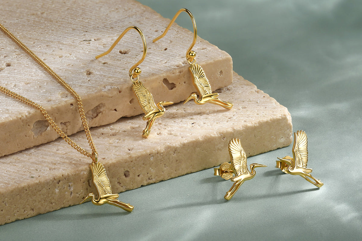 Sterling Silver Japanese Crane Earrings and Necklace Set