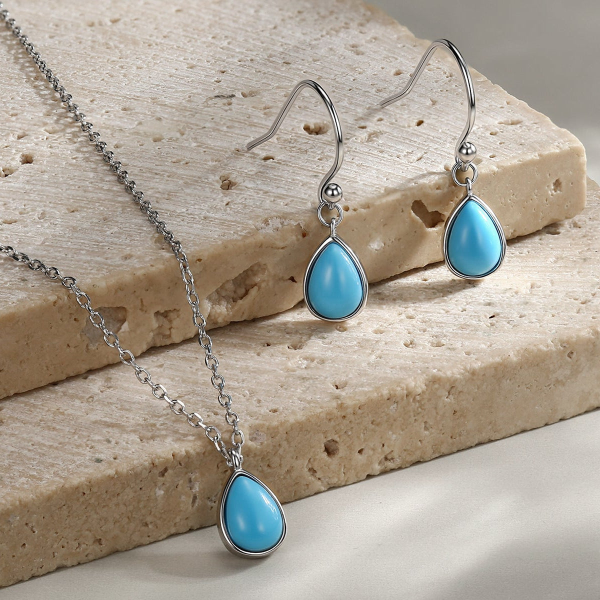 Sterling Silver Turquoise Pear Earrings and Necklace Set