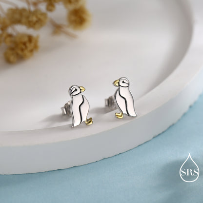 Puffin Bird Stud Earrings and Necklace in Sterling Silver - Gold and Silver Two Tone - Cute, Fun, Whimsical and Pretty Jewellery
