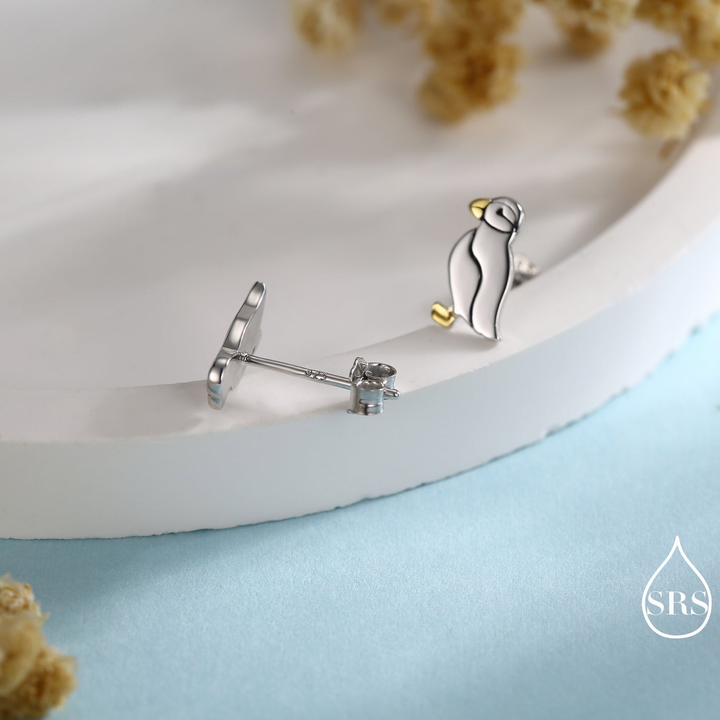 Puffin Bird Stud Earrings and Necklace in Sterling Silver - Gold and Silver Two Tone - Cute, Fun, Whimsical and Pretty Jewellery