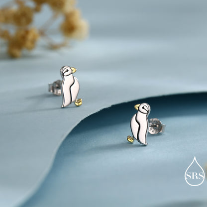 Puffin Bird Stud Earrings and Necklace in Sterling Silver - Gold and Silver Two Tone - Cute, Fun, Whimsical and Pretty Jewellery