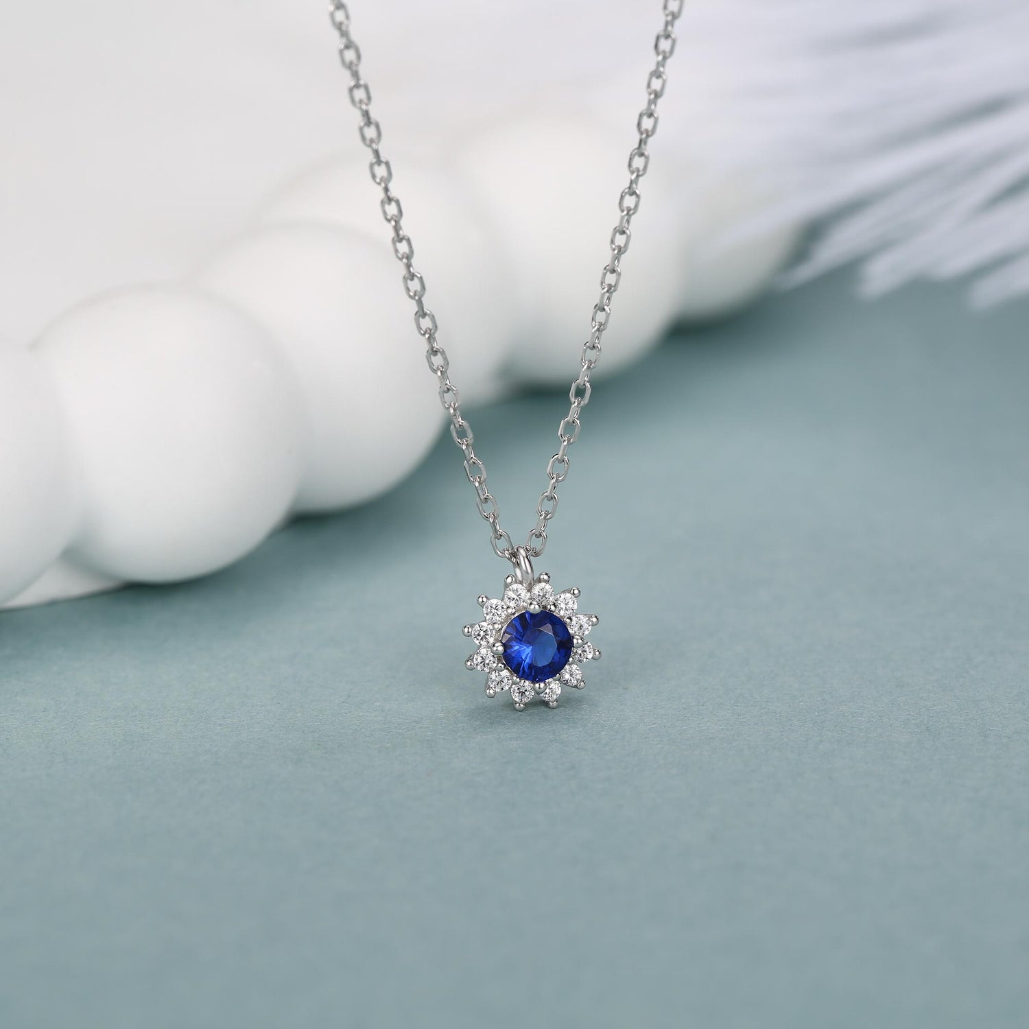 Sapphire Blue CZ Halo Flower Pendant Necklace