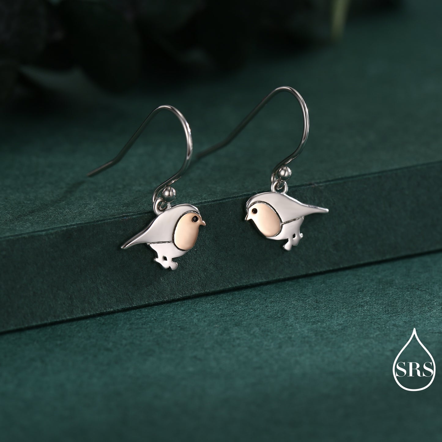 Robin Bird Drop Hook Earrings and Necklace in Sterling Silver, Silver Animal Jewellery, Nature Inspired Jewellery