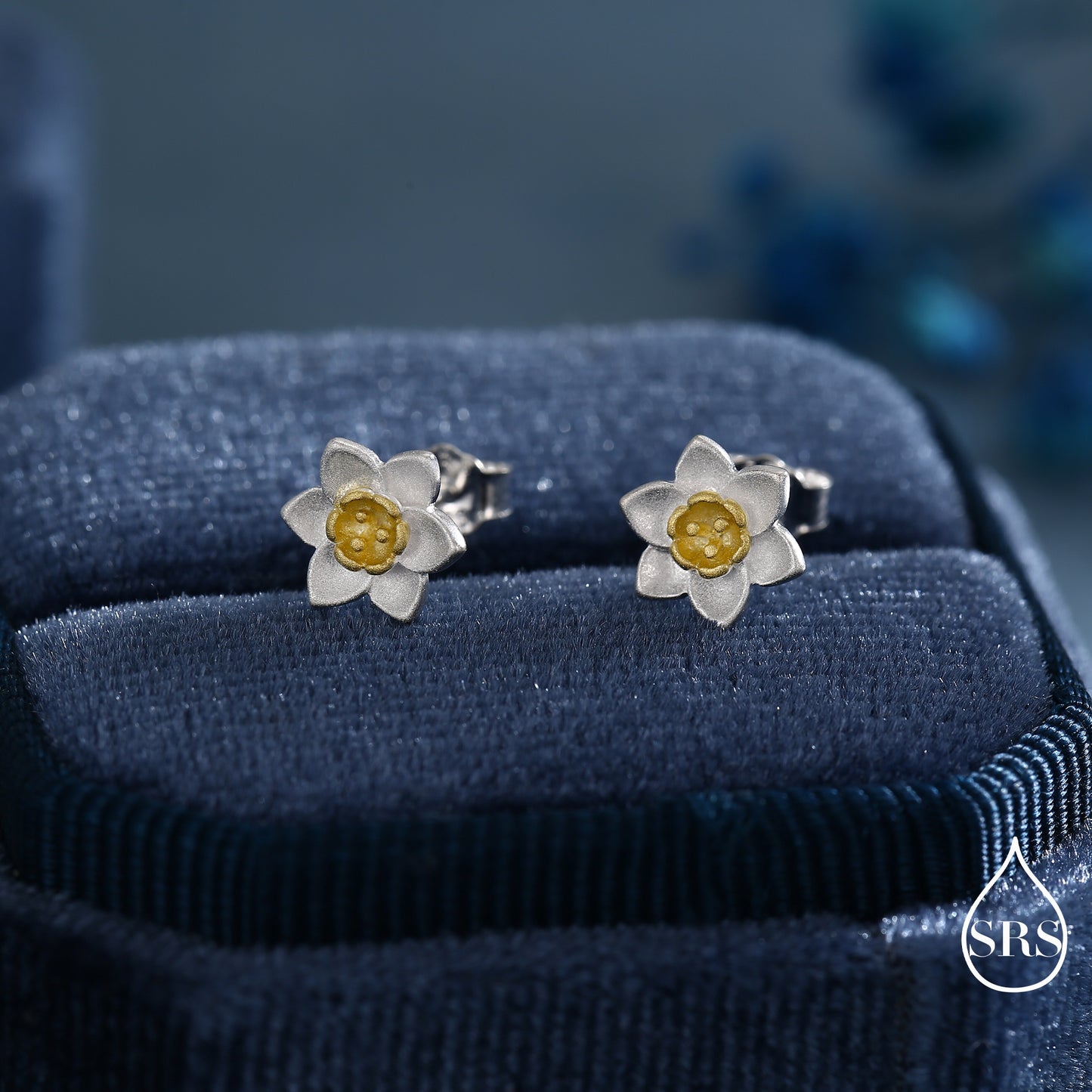 Sterling Silver Tiny Little Daffodil Flower Blossom Stud Earrings and Pendant Necklace with 18ct Gold Plating - Cute and Whimsical Jewellery