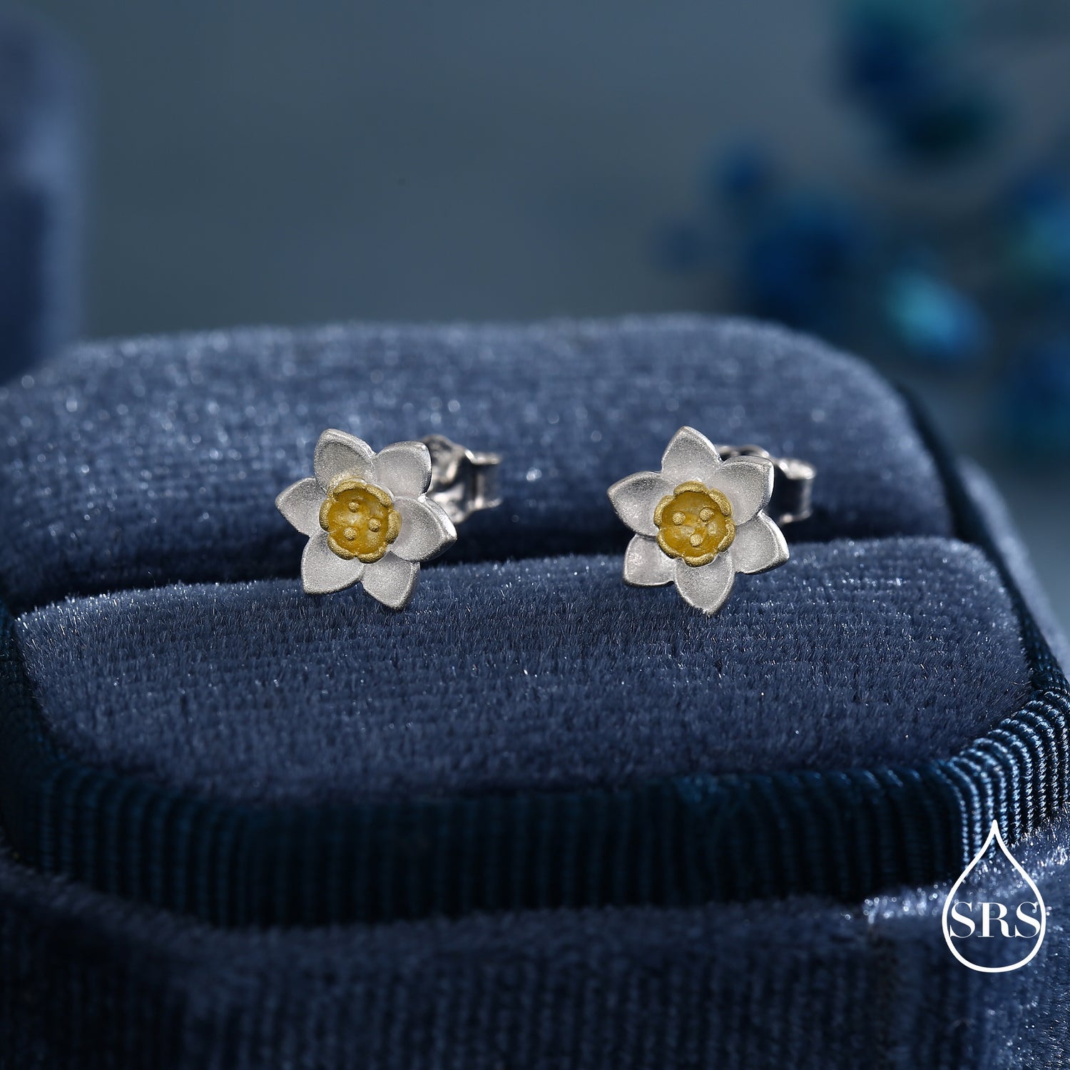 Sterling Silver Tiny Little Daffodil Flower Blossom Stud Earrings and Pendant Necklace with 18ct Gold Plating - Cute and Whimsical Jewellery