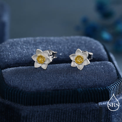 Sterling Silver Tiny Little Daffodil Flower Blossom Stud Earrings and Pendant Necklace with 18ct Gold Plating - Cute and Whimsical Jewellery