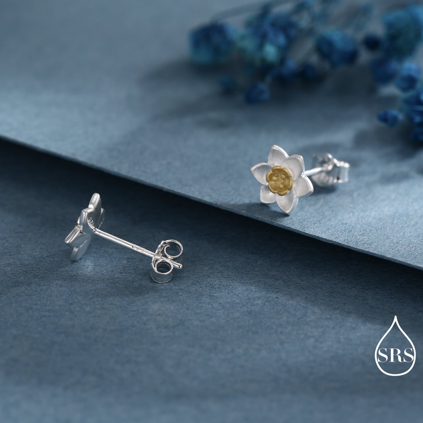 Sterling Silver Tiny Little Daffodil Flower Blossom Stud Earrings and Pendant Necklace with 18ct Gold Plating - Cute and Whimsical Jewellery