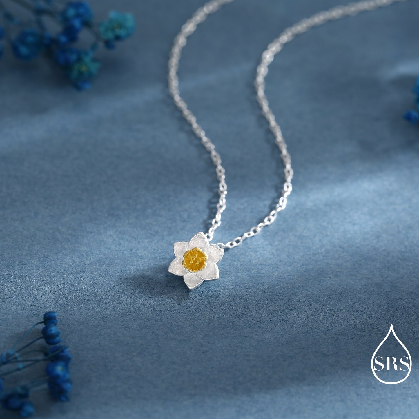 Sterling Silver Tiny Little Daffodil Flower Blossom Stud Earrings and Pendant Necklace with 18ct Gold Plating - Cute and Whimsical Jewellery
