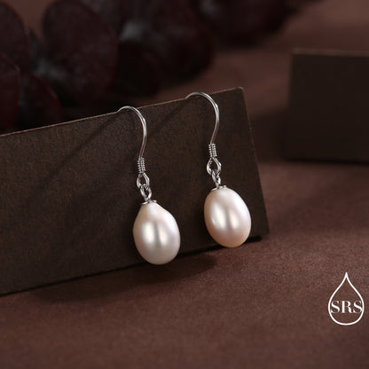 Freshwater Pearl Drop Hook Earrings in Sterling Silver, Genuine Oval Pearls, Real Pearl Drop Earrings