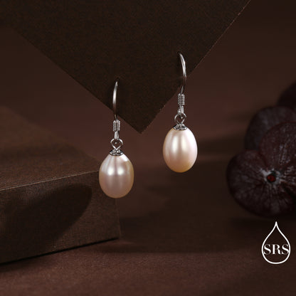 Freshwater Pearl Drop Hook Earrings in Sterling Silver, Genuine Oval Pearls, Real Pearl Drop Earrings
