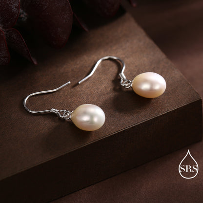 Freshwater Pearl Drop Hook Earrings in Sterling Silver, Genuine Oval Pearls, Real Pearl Drop Earrings