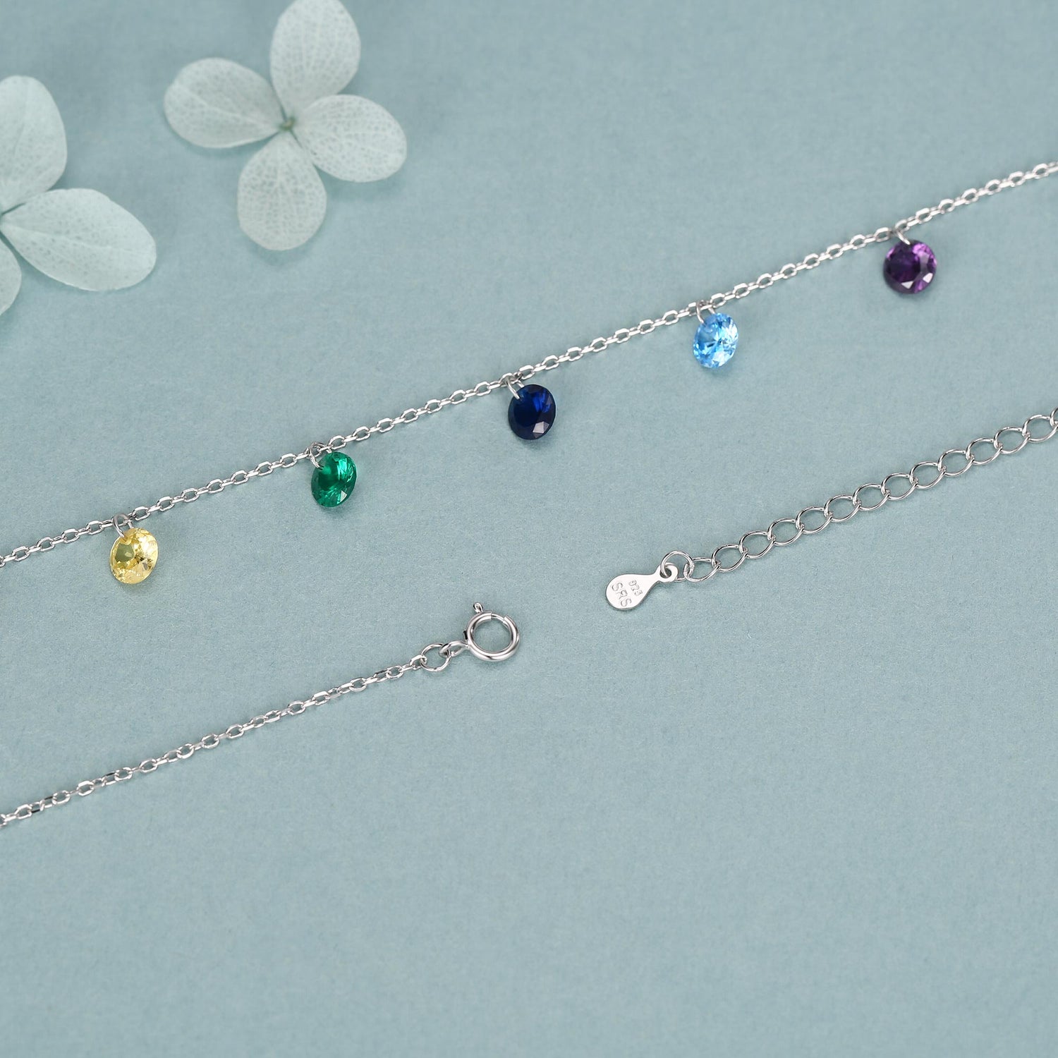 Rainbow Spectrum CZ Dangle Necklace in Sterling Silver, Silver or Gold, Satellite Crystal Necklace, Solid Silver Motif Necklace