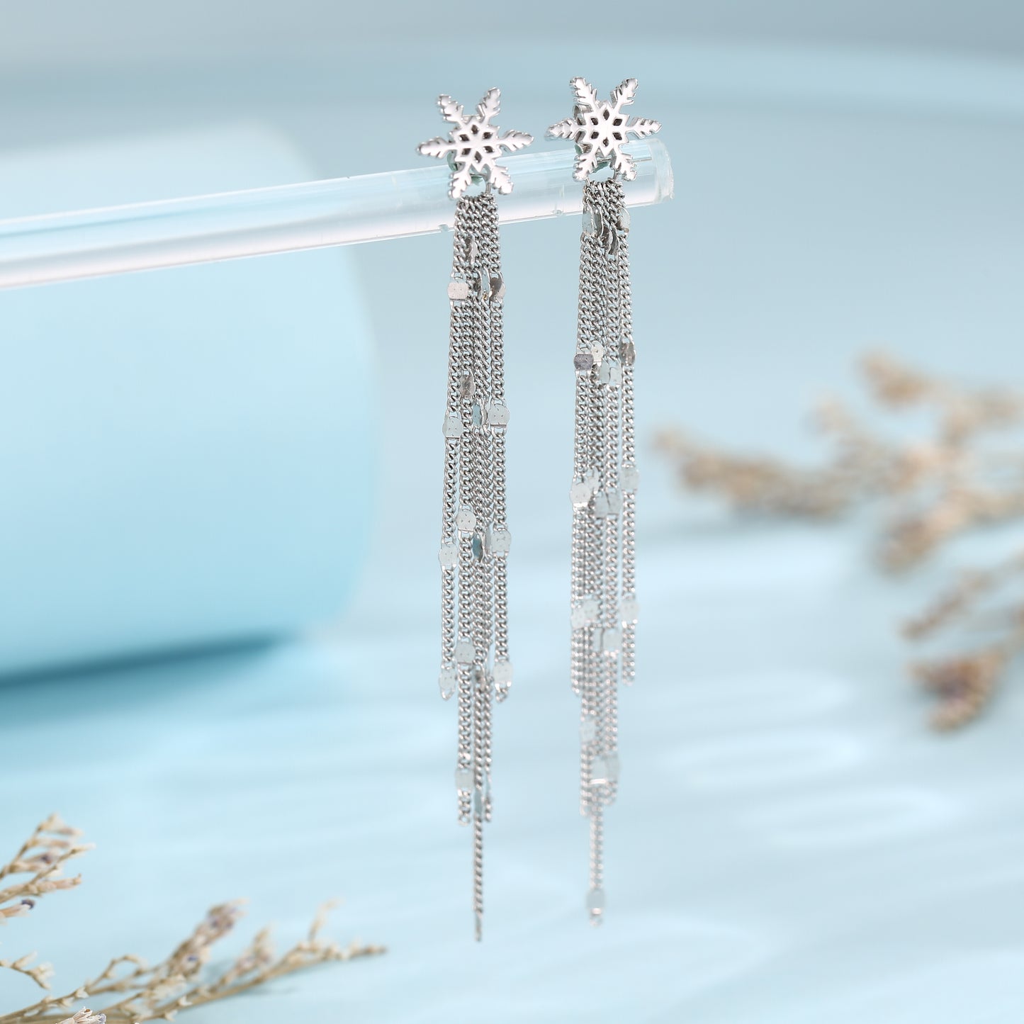 Snowflake Dangle Drop Stud Earrings in Sterling Silver with Sparkle Tassels, Silver or Gold or Rose Gold, Winter Statement Earrings