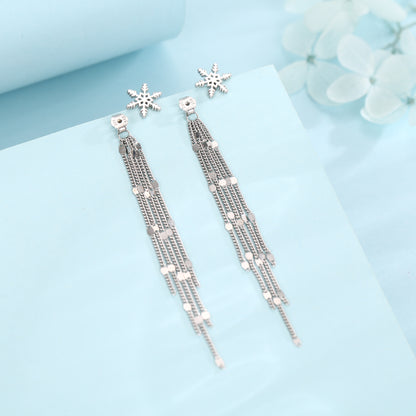 Snowflake Dangle Drop Stud Earrings in Sterling Silver with Sparkle Tassels, Silver or Gold or Rose Gold, Winter Statement Earrings
