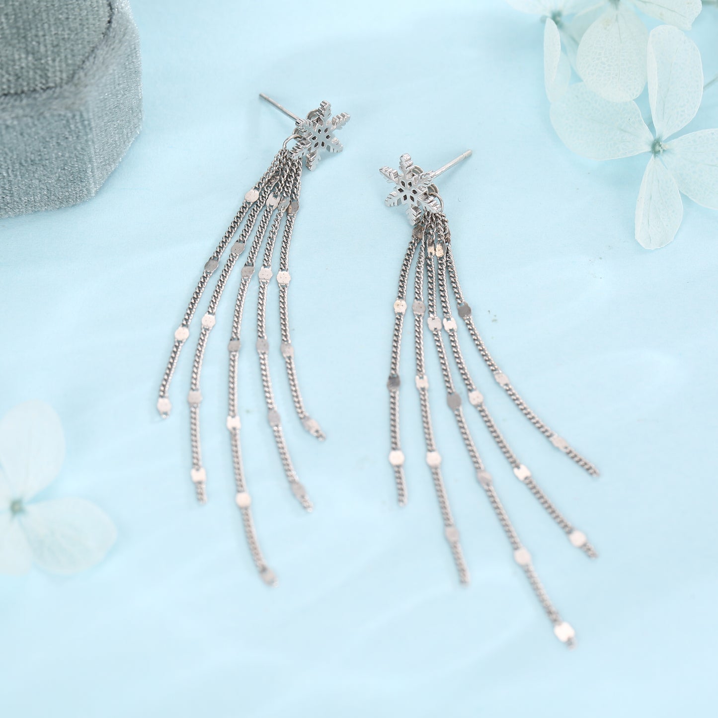 Snowflake Dangle Drop Stud Earrings in Sterling Silver with Sparkle Tassels, Silver or Gold or Rose Gold, Winter Statement Earrings