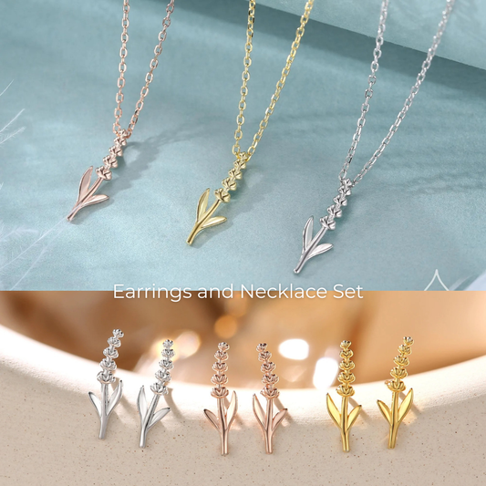 Extra Tiny Lavender Stud Earrings and Pendant Necklace in Sterling Silver, Silver or Gold or Rose Gold, Gift Set