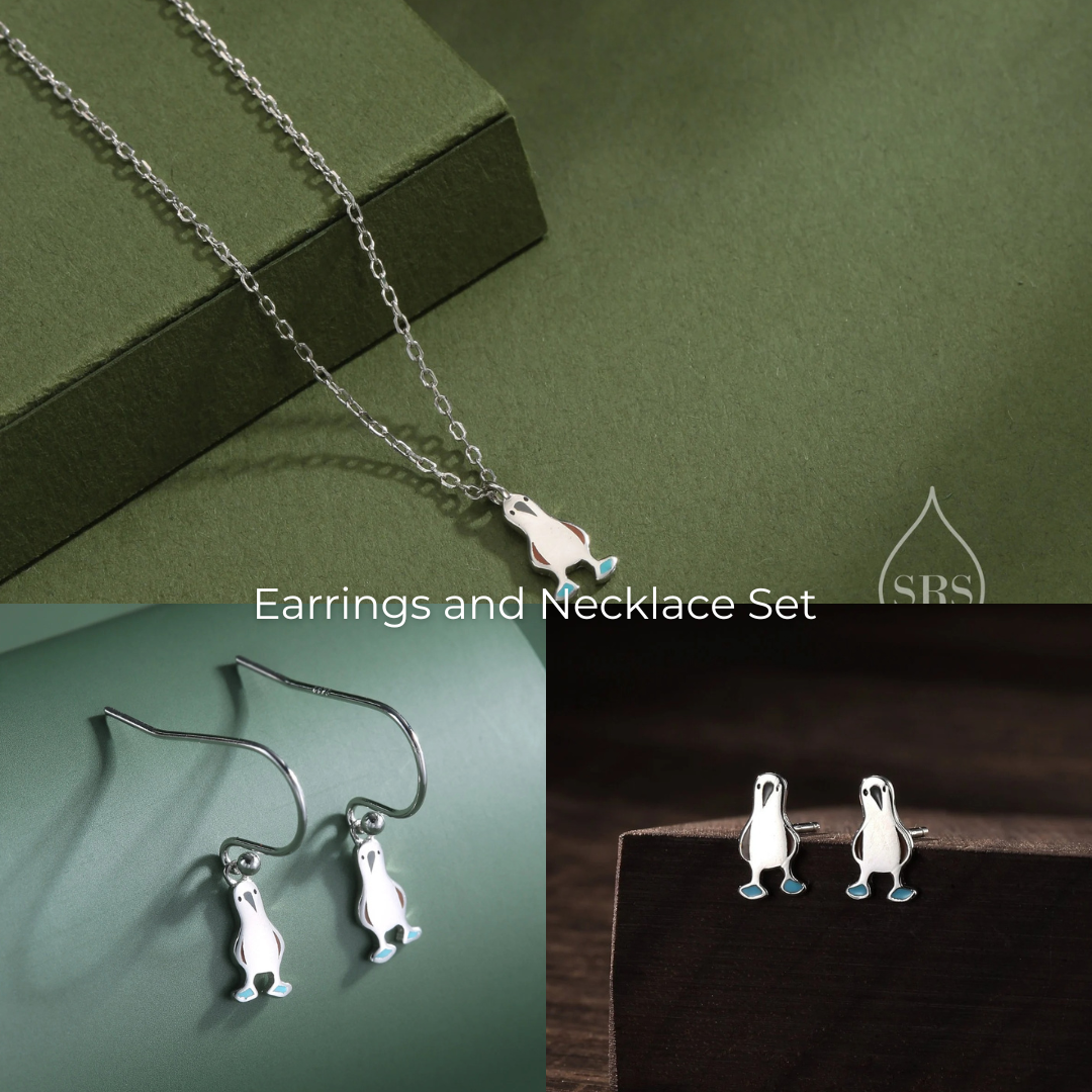 Sterling Silver Blue Footed Boobie Bird Earrings and Necklace Set, Fun and Quirky Bird Jewellery, Gift Set