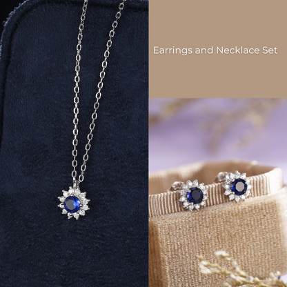 Sapphire Flower Stud Earrings and Necklace Set in Sterling Silver, Silver or Gold, Blue CZ Flower, Gift Set