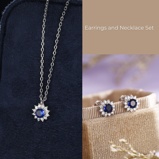 Sapphire Flower Stud Earrings and Necklace Set in Sterling Silver, Silver or Gold, Blue CZ Flower, Gift Set