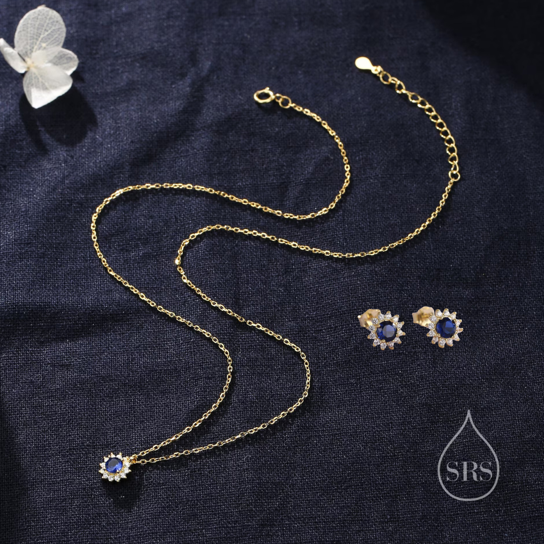 Sapphire Flower Stud Earrings and Necklace Set in Sterling Silver, Silver or Gold, Blue CZ Flower, Gift Set