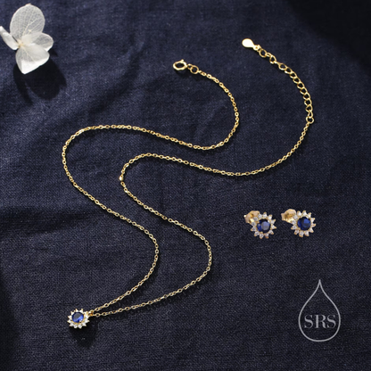 Sapphire Flower Stud Earrings and Necklace Set in Sterling Silver, Silver or Gold, Blue CZ Flower, Gift Set