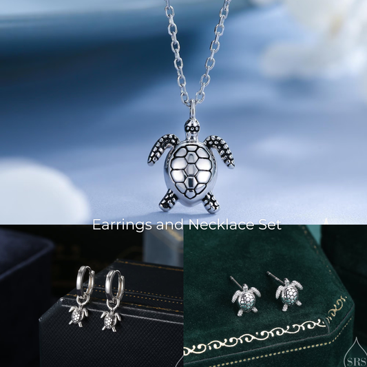 Sterling Silver Sea Turtle Stud Earrings and Necklace Set, Silver or Gold or Rose Gold, Ocean Jewellery, Gift set