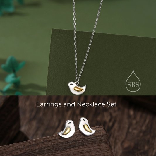 Cute Little Wren Bird Stud Earrings and Necklace Set in Sterling Silver, Gift Set with One Gift Box Packing