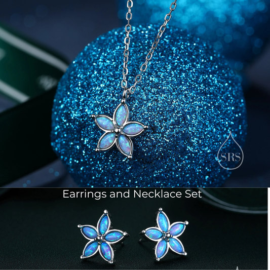Opal Flower Stud Earrings and Necklace Set in Sterling Silver with Opal, Blue, White or Pink Opal, Gift Set
