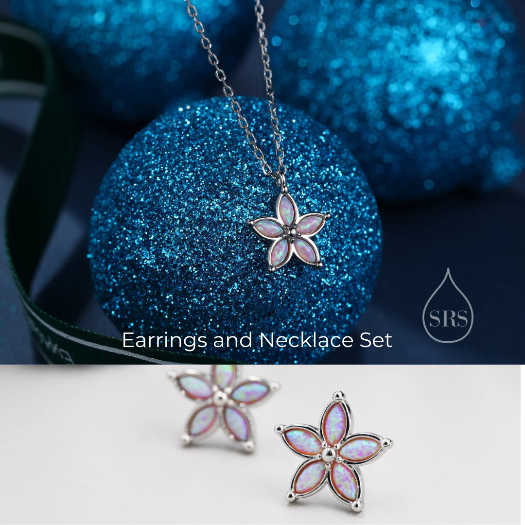 Opal Flower Stud Earrings and Necklace Set in Sterling Silver with Opal, Blue, White or Pink Opal, Gift Set