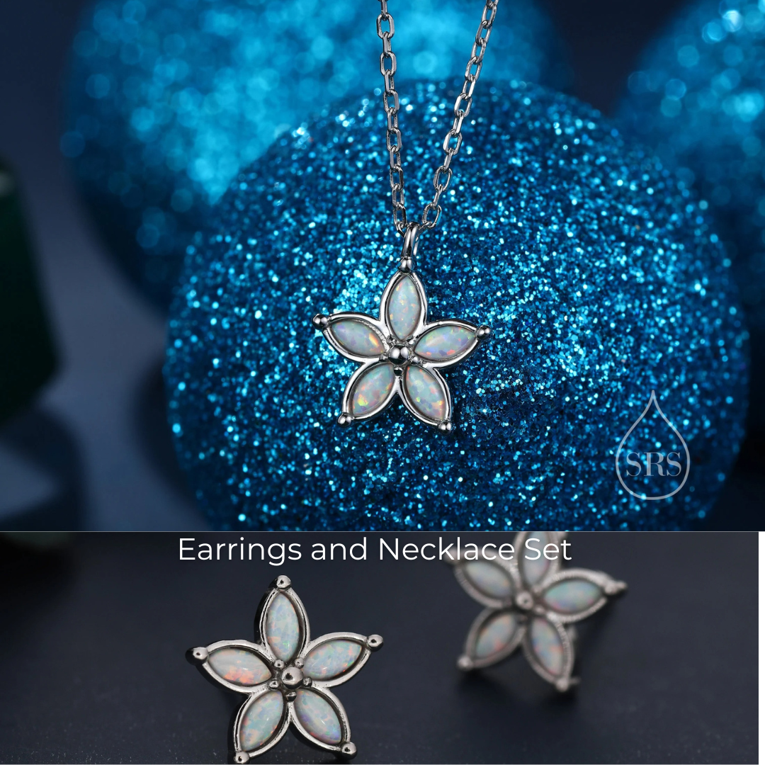 Opal Flower Stud Earrings and Necklace Set in Sterling Silver with Opal, Blue, White or Pink Opal, Gift Set