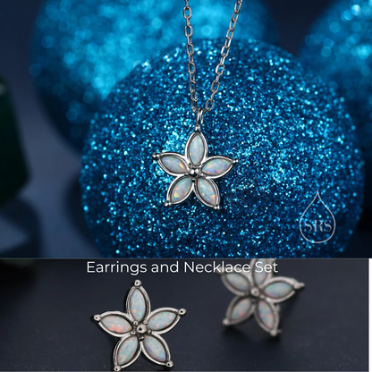 Opal Flower Stud Earrings and Necklace Set in Sterling Silver with Opal, Blue, White or Pink Opal, Gift Set