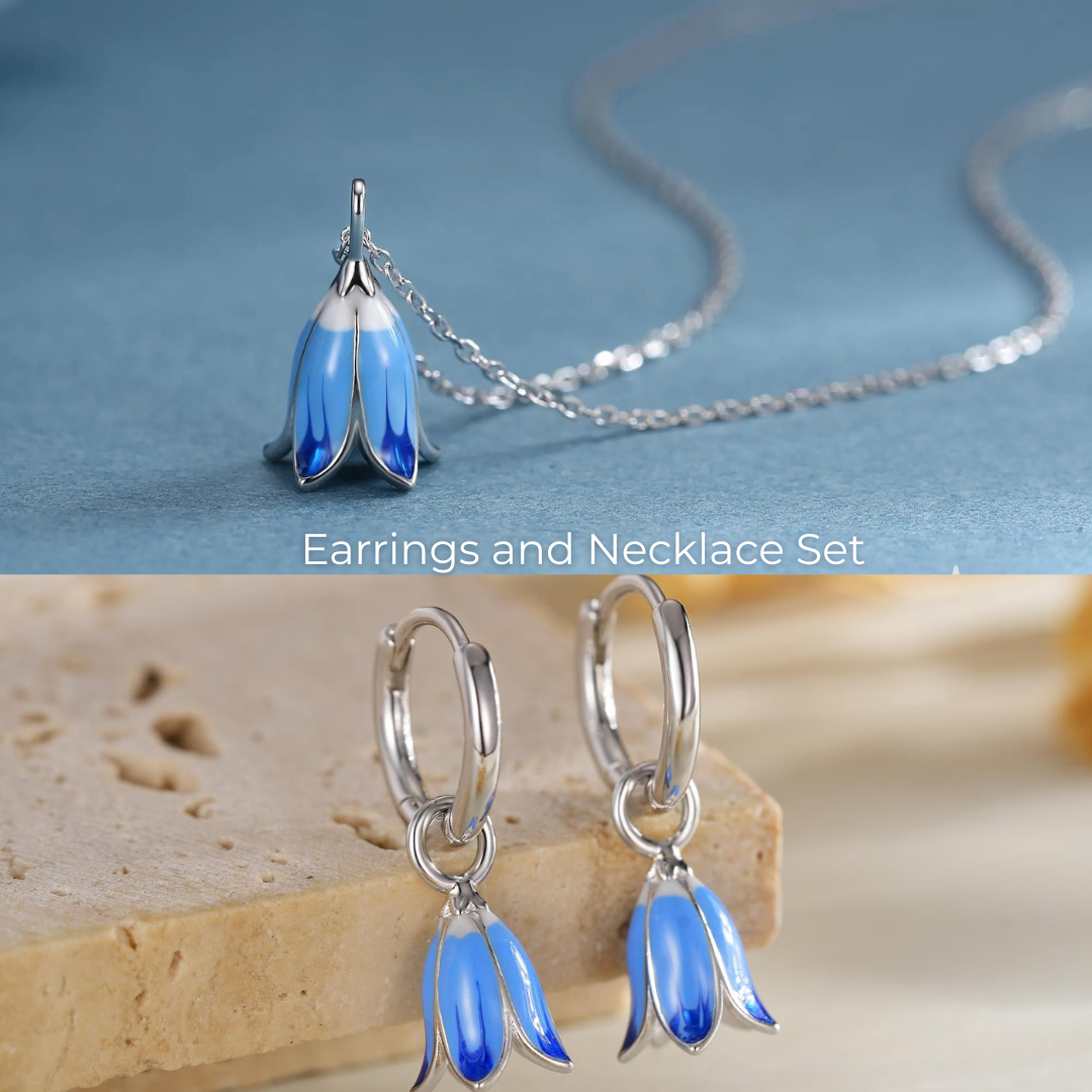 Sterling Silver Enamel Bluebell Flower Earrings and Necklace Set, Snowdrop jewelry, Gift set