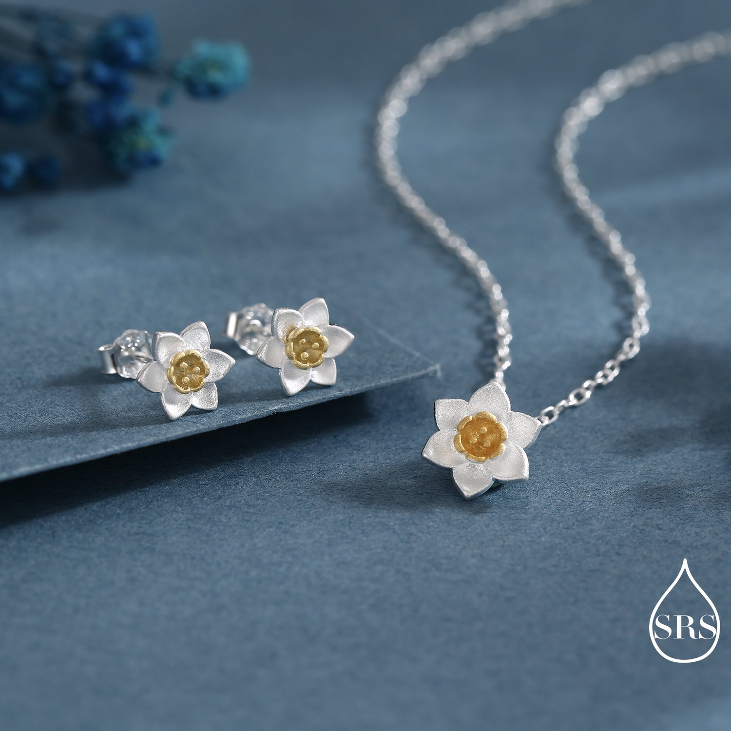Sterling Silver Tiny Little Daffodil Flower Blossom Stud Earrings and Pendant Necklace with 18ct Gold Plating - Cute and Whimsical Jewellery