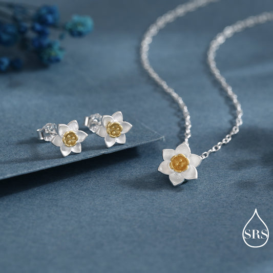 Sterling Silver Tiny Little Daffodil Flower Blossom Stud Earrings and Pendant Necklace with 18ct Gold Plating - Cute and Whimsical Jewellery