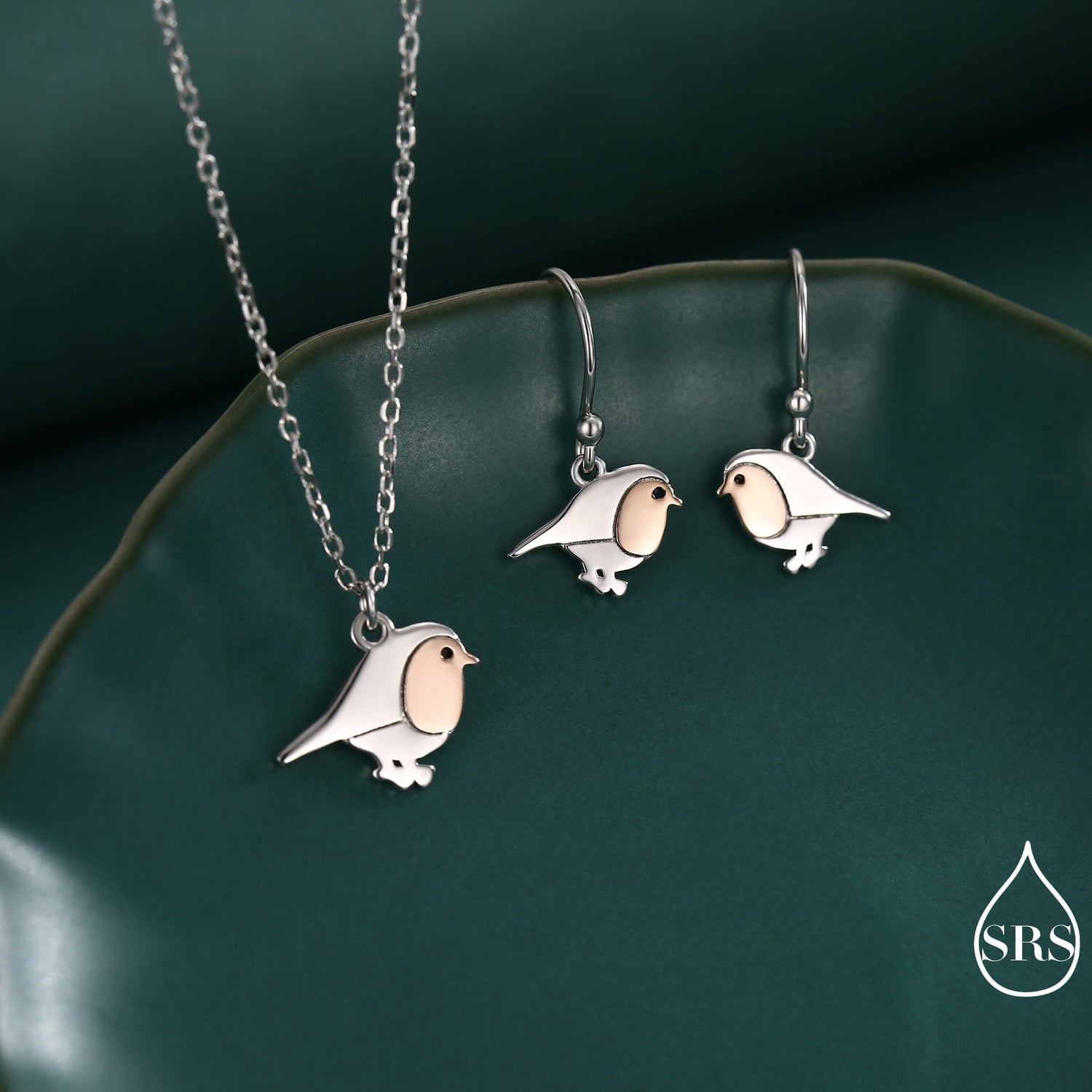 Robin Bird Drop Hook Earrings and Necklace in Sterling Silver, Silver Animal Jewellery, Nature Inspired Jewellery