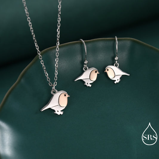 Robin Bird Drop Hook Earrings and Necklace in Sterling Silver, Silver Animal Jewellery, Nature Inspired Jewellery