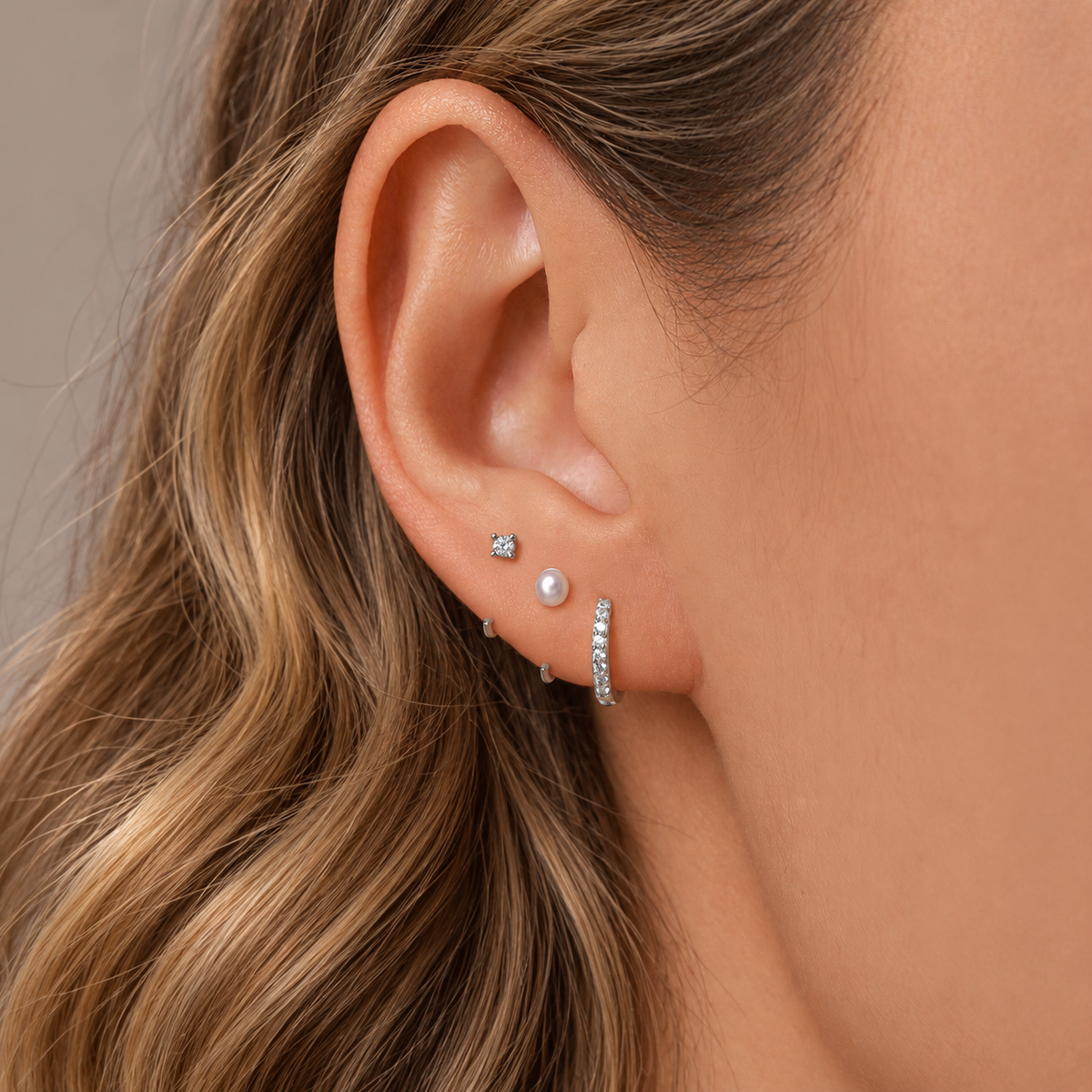 Set of Three Sterling Silver Pearl and CZ Hoop Earrings