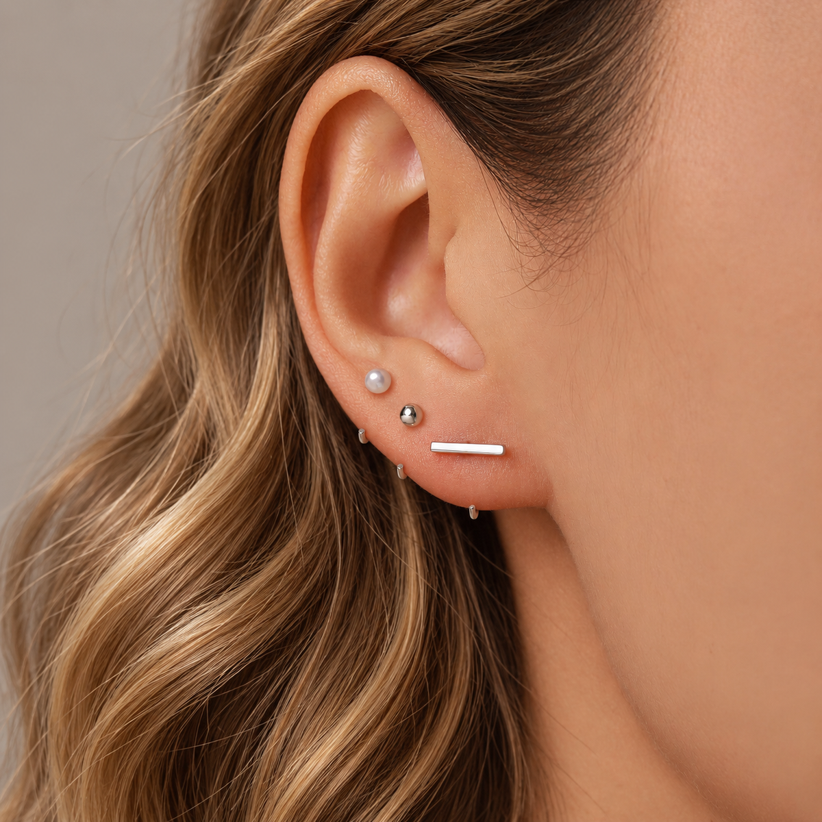 Set of Three Sterling Silver  Pearl Bar Sphere Open Hoop Earrings