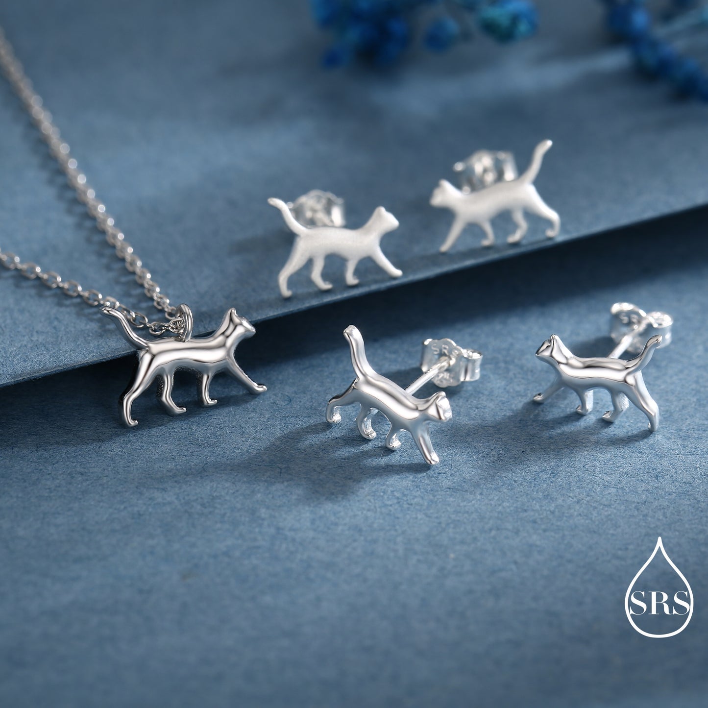 Cat Stud Earrings and Pendant Necklace in Sterling Silver, Nature Inspired Jewellery, Dainty and Delicate